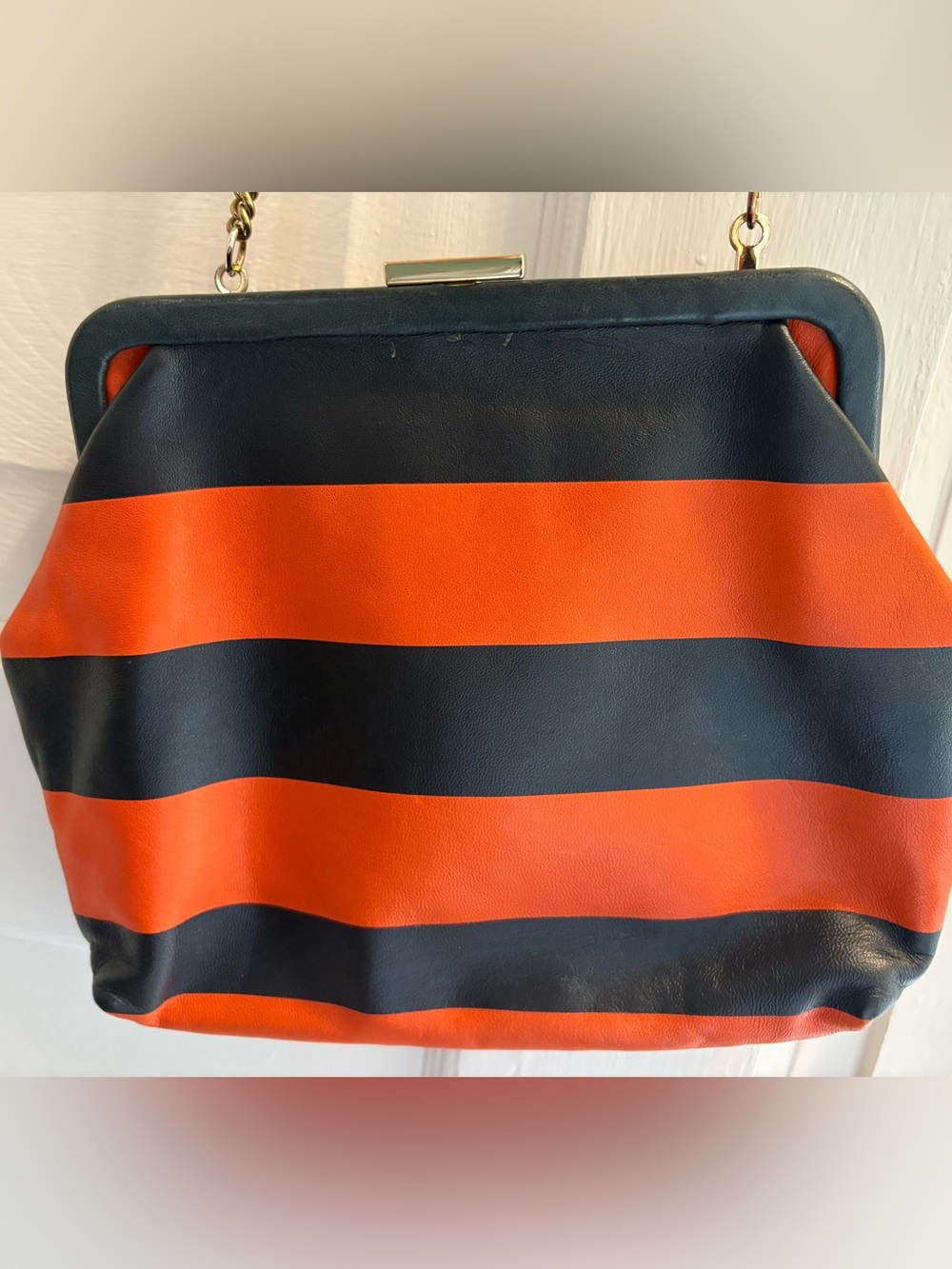RARE Clare V Flore—Italian Leather in Navy and Orange Stripe - Picture 4 of 10